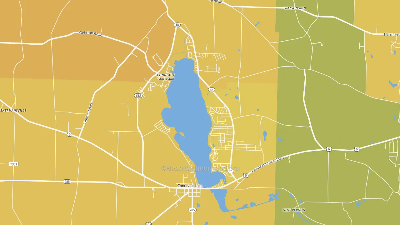 Map of the best neighborhoods in the Conneaut Lakeshore area, with better matches in green and worse matches in red