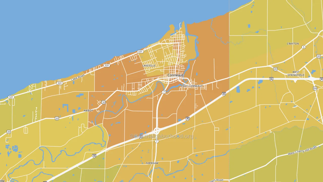 Map of the best neighborhoods in the Conneaut area, with better matches in green and worse matches in red
