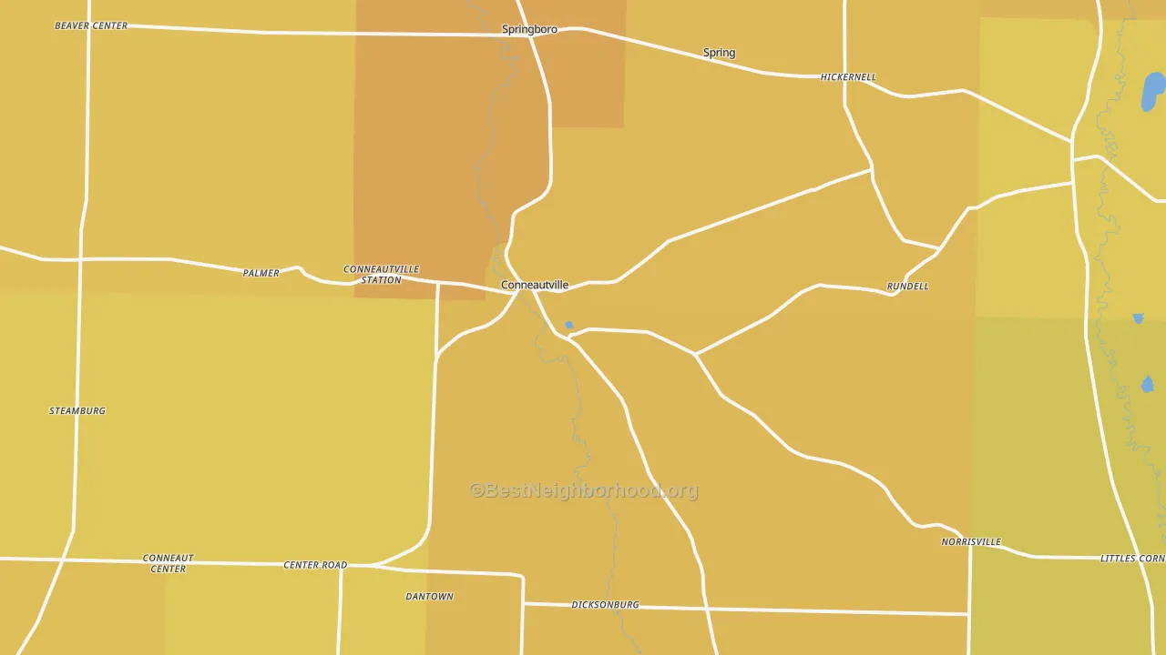 Map of the best neighborhoods in the Conneautville area, with better matches in green and worse matches in red