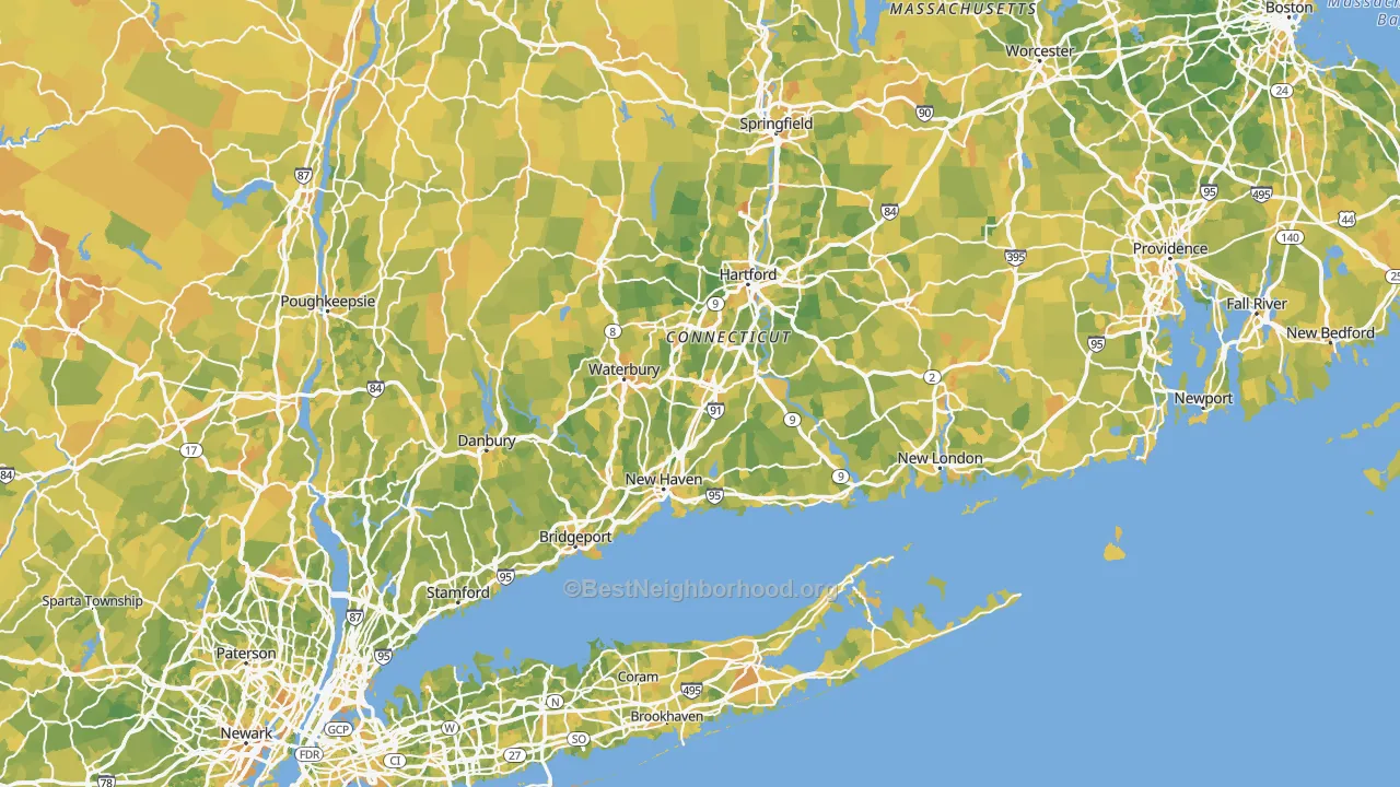 Map of the best neighborhoods in the Connecticut area, with better matches in green and worse matches in red