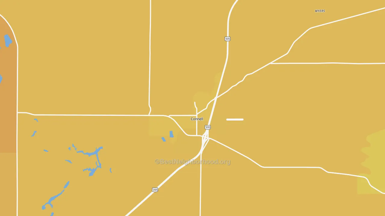 Map of the best neighborhoods in the Connell area, with better matches in green and worse matches in red