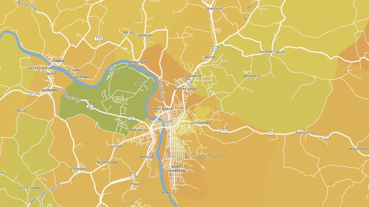 Map of the best neighborhoods in the Connellsville area, with better matches in green and worse matches in red