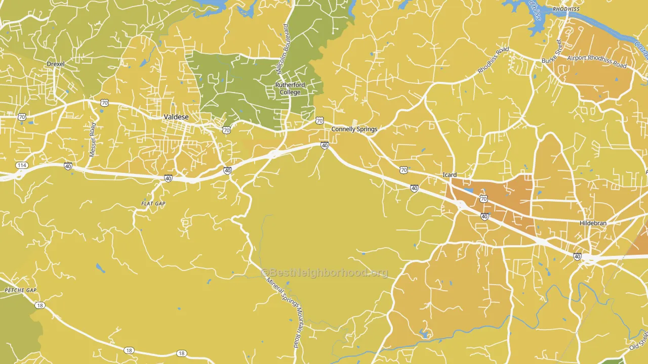 Map of the best neighborhoods in the Connelly Springs area, with better matches in green and worse matches in red