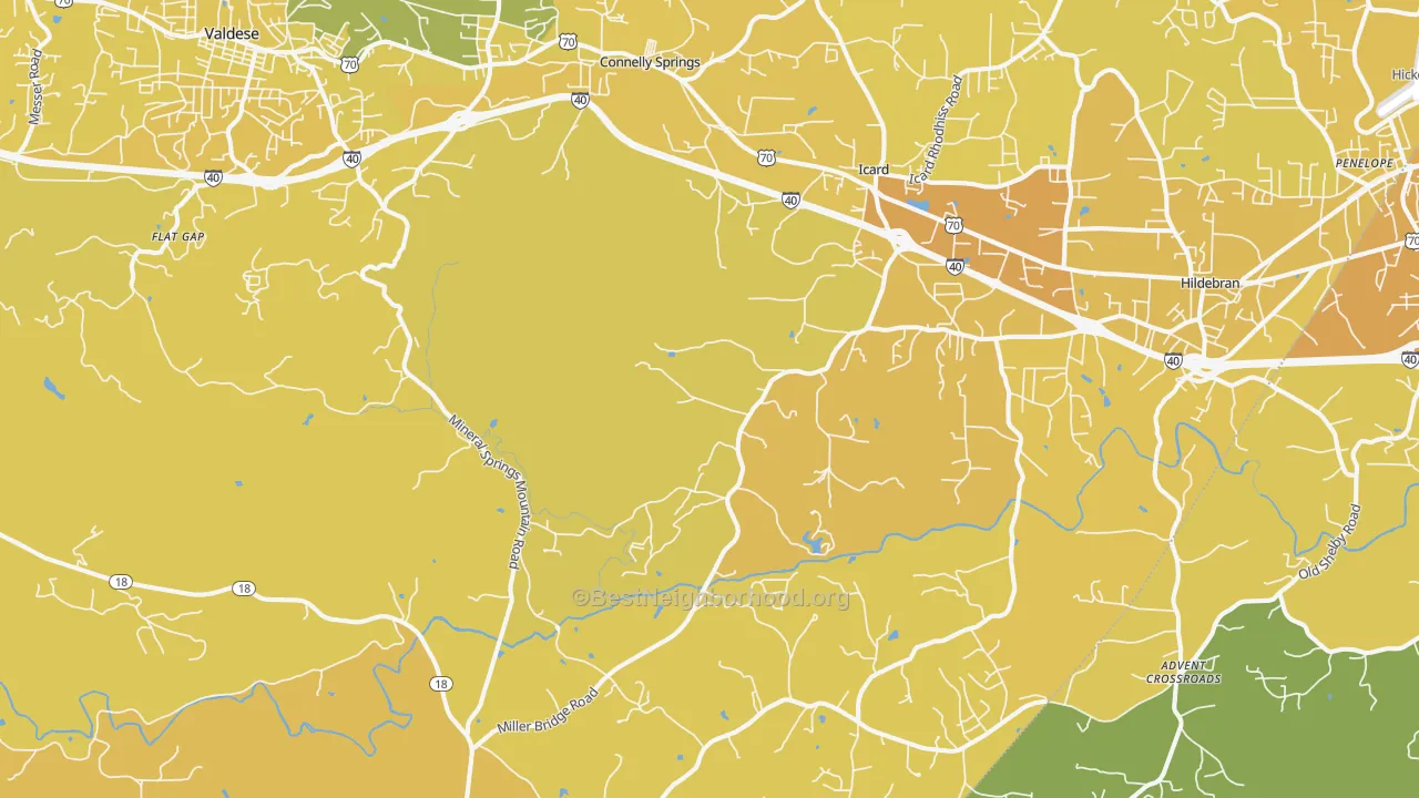 Map of the best neighborhoods in the Connellys Springs area, with better matches in green and worse matches in red