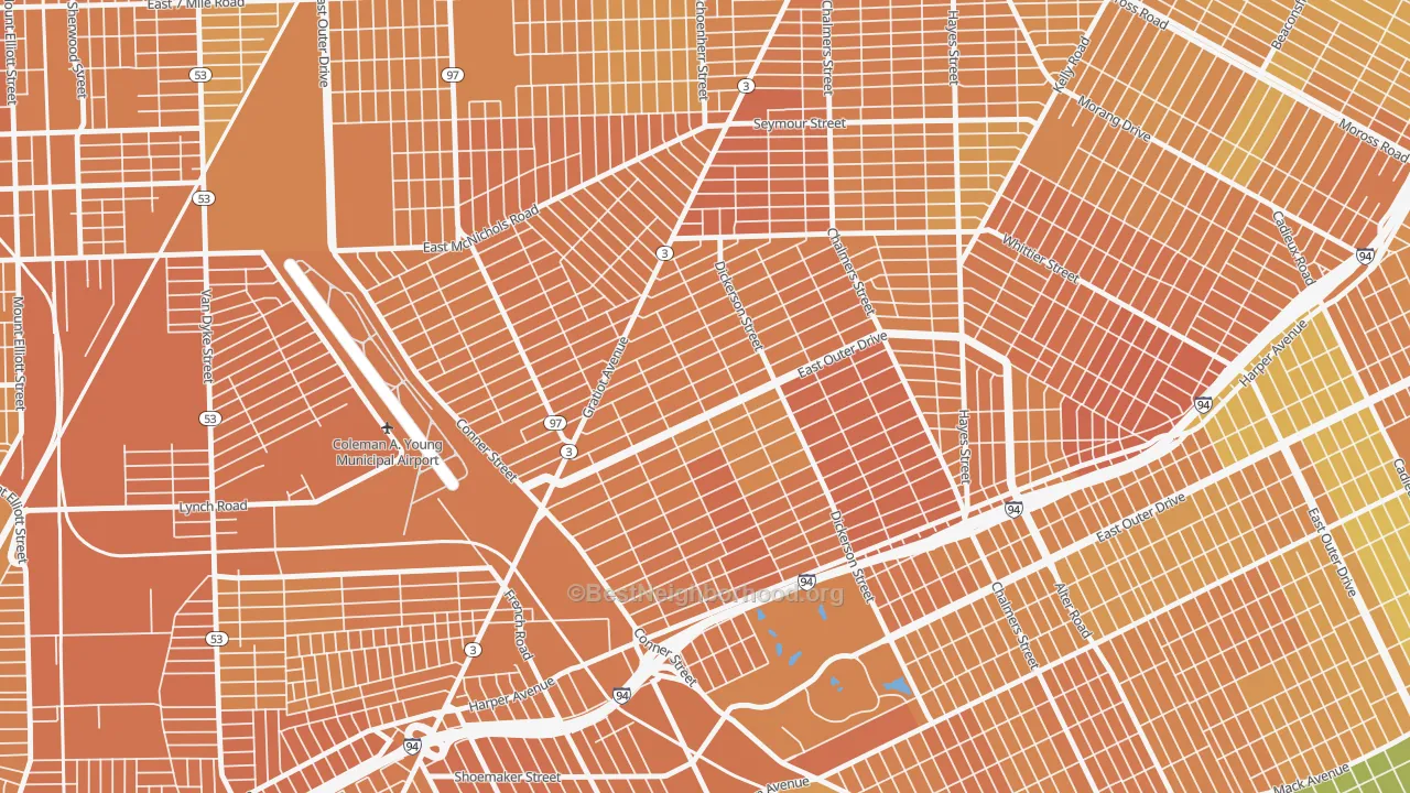Map of the best neighborhoods in the Conner, Detroit area, with better matches in green and worse matches in red