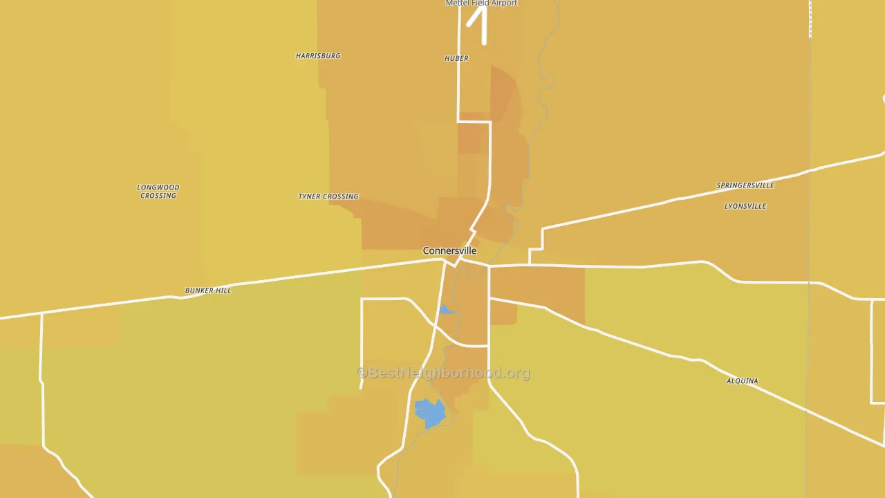 Map of the best neighborhoods in the Connersville area, with better matches in green and worse matches in red