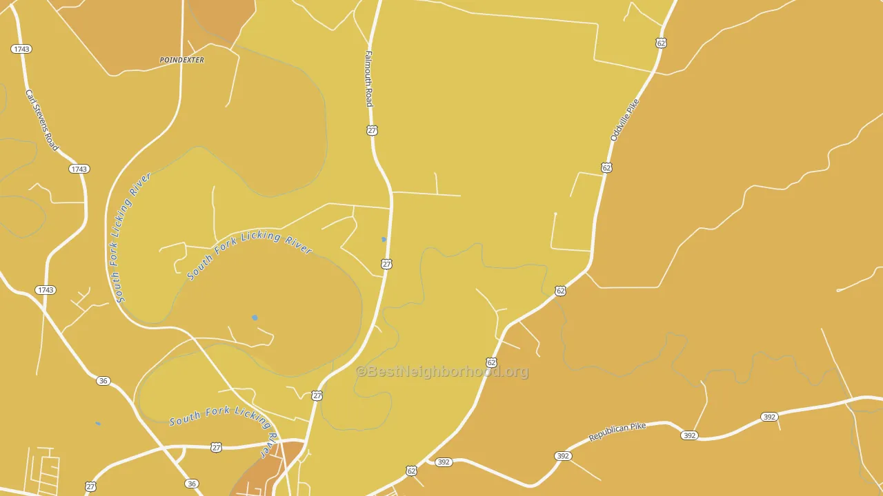 Map of the best neighborhoods in the Connersville area, with better matches in green and worse matches in red