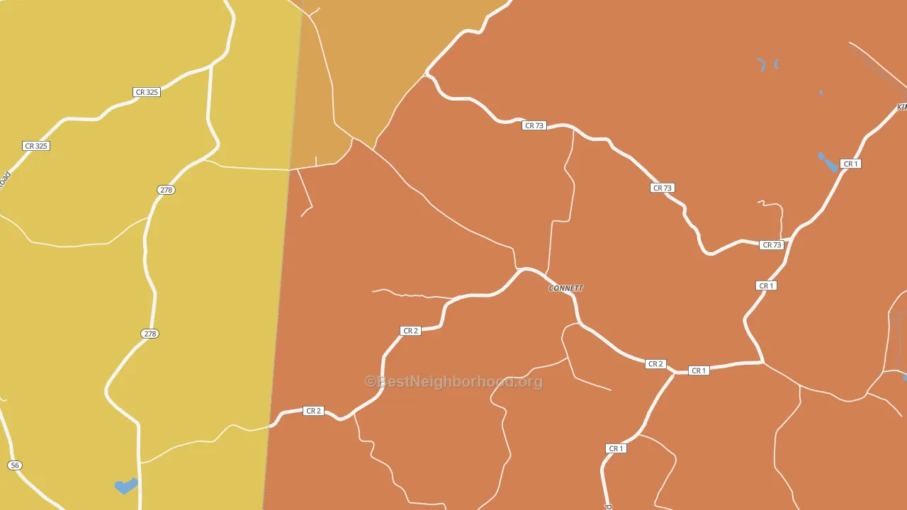 Map of the best neighborhoods in the Connett area, with better matches in green and worse matches in red