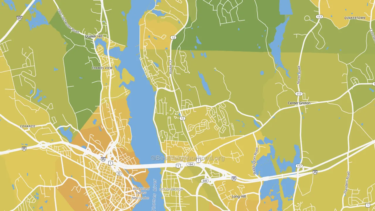 Map of the best neighborhoods in the Conning Towers Nautilus Park area, with better matches in green and worse matches in red