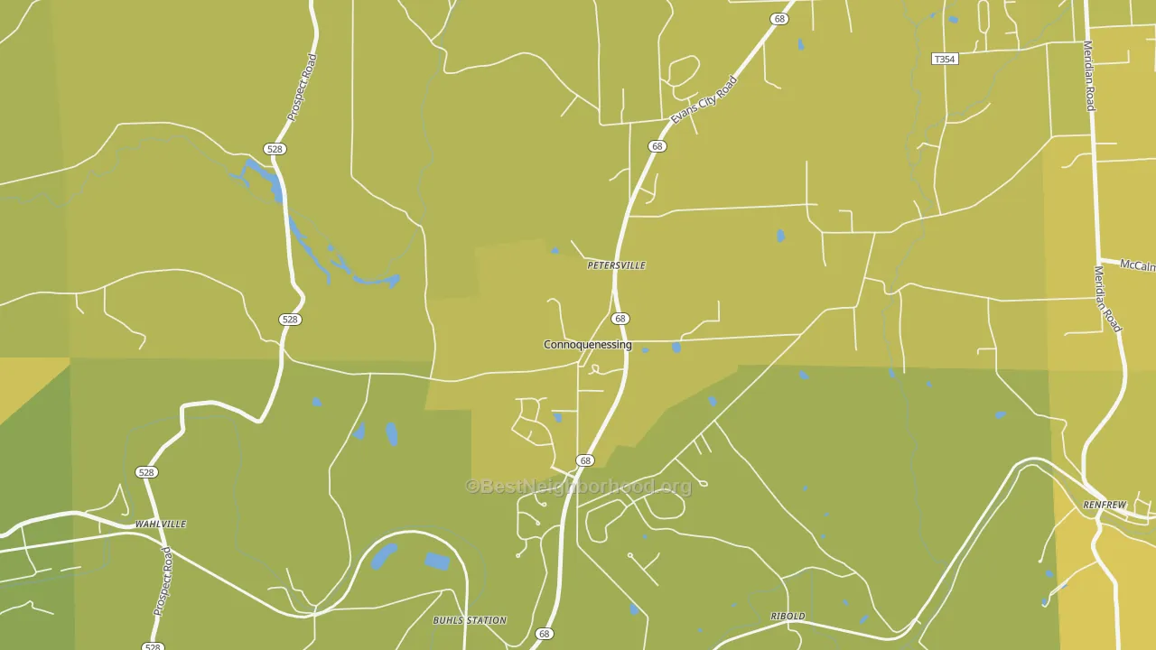 Map of the best neighborhoods in the Connoquenessing area, with better matches in green and worse matches in red