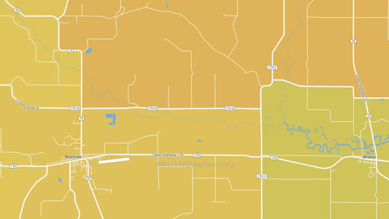 Map of the best neighborhoods in the Connorsville area, with better matches in green and worse matches in red