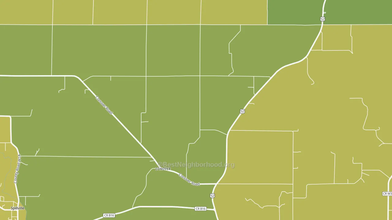Map of the best neighborhoods in the Conover area, with better matches in green and worse matches in red