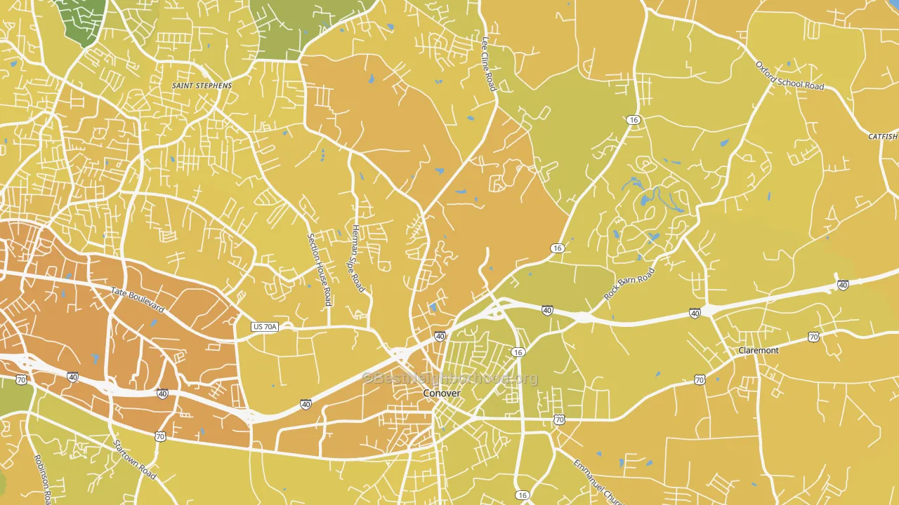 Map of the best neighborhoods in the Conover area, with better matches in green and worse matches in red