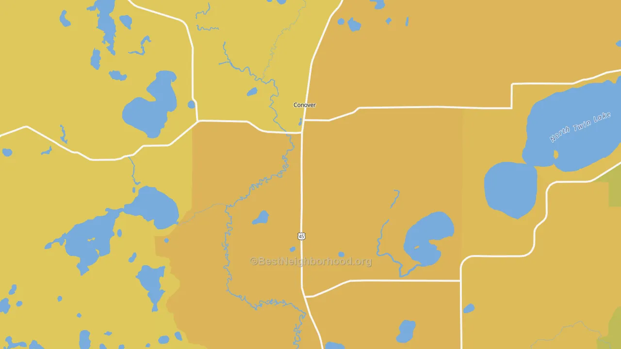 Map of the best neighborhoods in the Conover area, with better matches in green and worse matches in red
