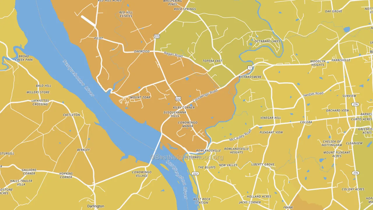 Map of the best neighborhoods in the Conowingo area, with better matches in green and worse matches in red