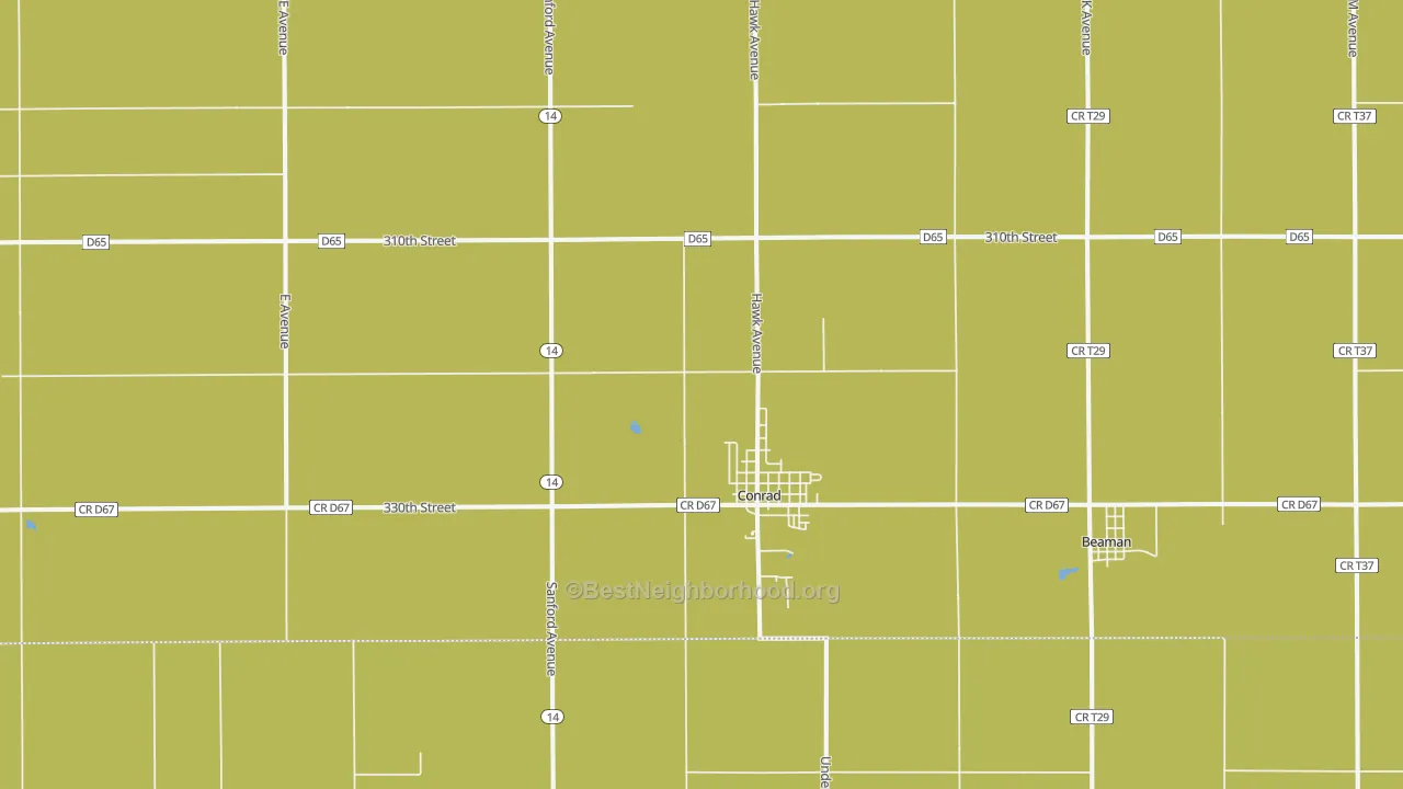 Map of the best neighborhoods in the Conrad area, with better matches in green and worse matches in red