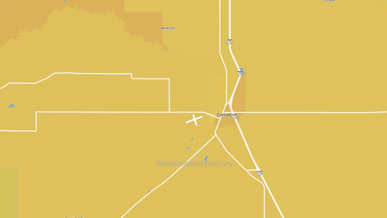Map of the best neighborhoods in the Conrad area, with better matches in green and worse matches in red