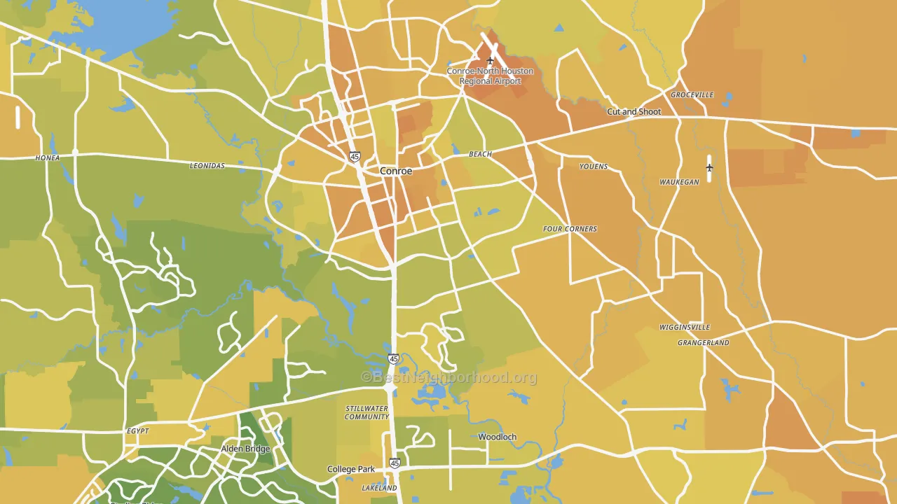 Map of the best neighborhoods in the Conroe area, with better matches in green and worse matches in red