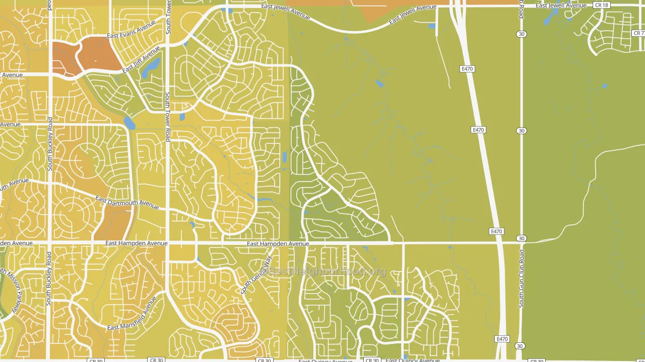 Map of the best neighborhoods in the Conservatory, Aurora area, with better matches in green and worse matches in red