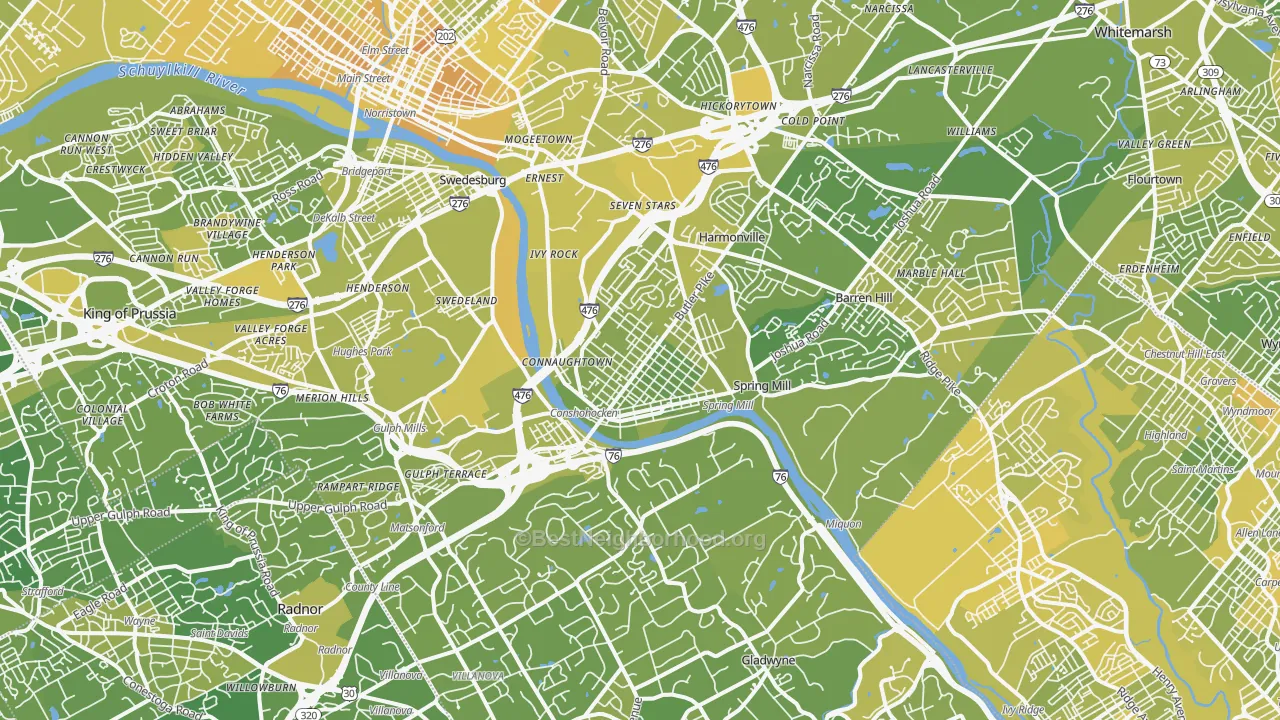 Map of the best neighborhoods in the Conshohocken area, with better matches in green and worse matches in red