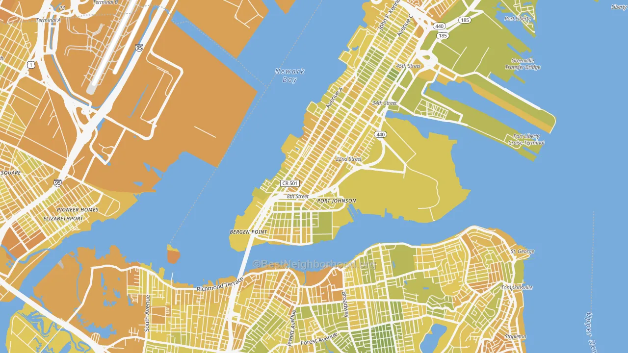 Map of the best neighborhoods in the Constable Hook, Bayonne area, with better matches in green and worse matches in red