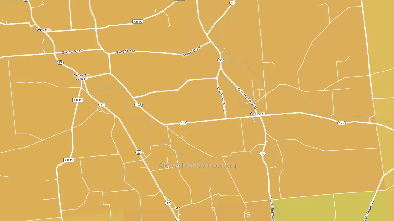 Map of the best neighborhoods in the Constable area, with better matches in green and worse matches in red