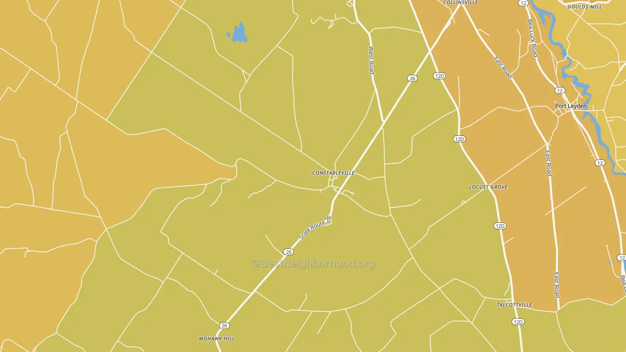Map of the best neighborhoods in the Constableville area, with better matches in green and worse matches in red