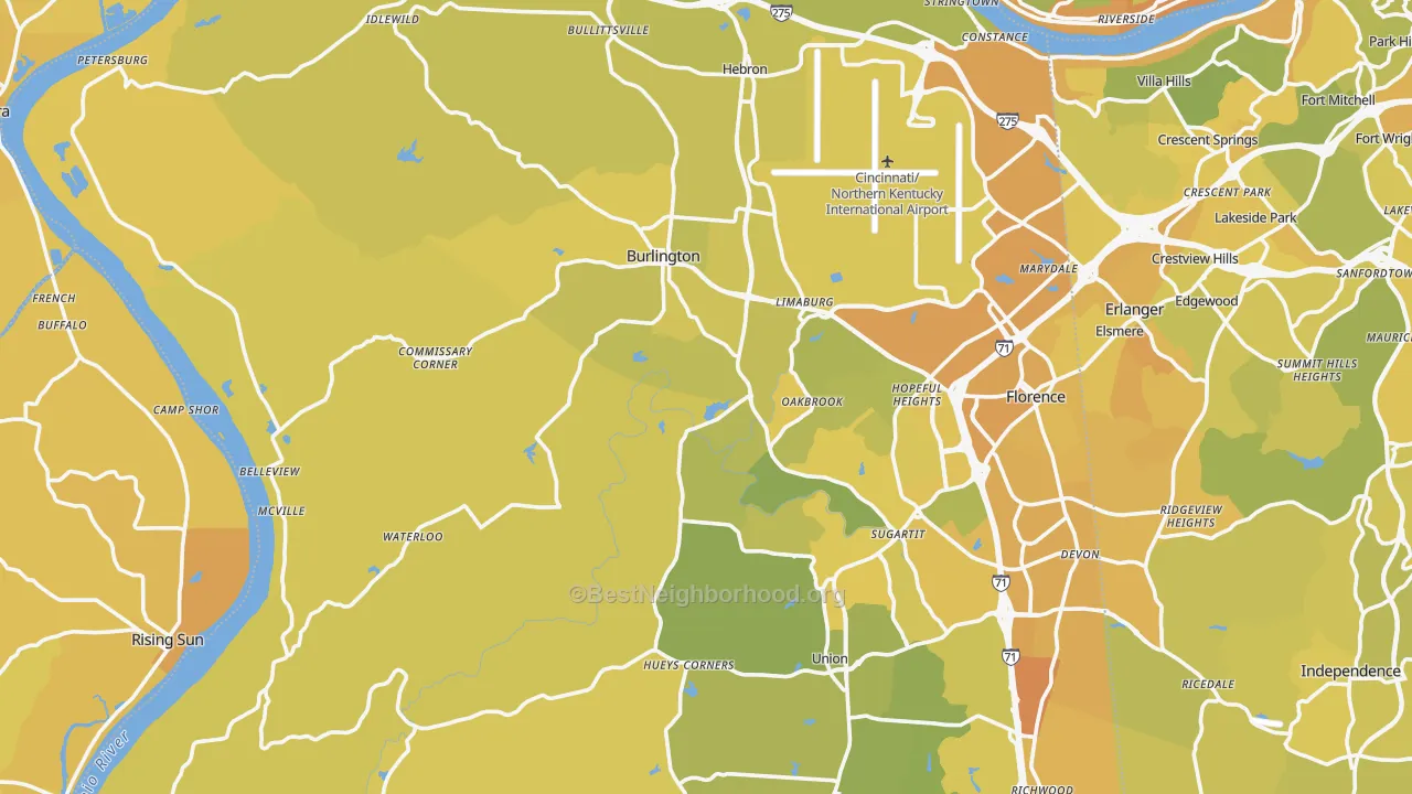 Map of the best neighborhoods in the Constance area, with better matches in green and worse matches in red