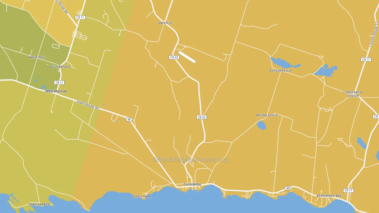 Map of the best neighborhoods in the Constantia area, with better matches in green and worse matches in red