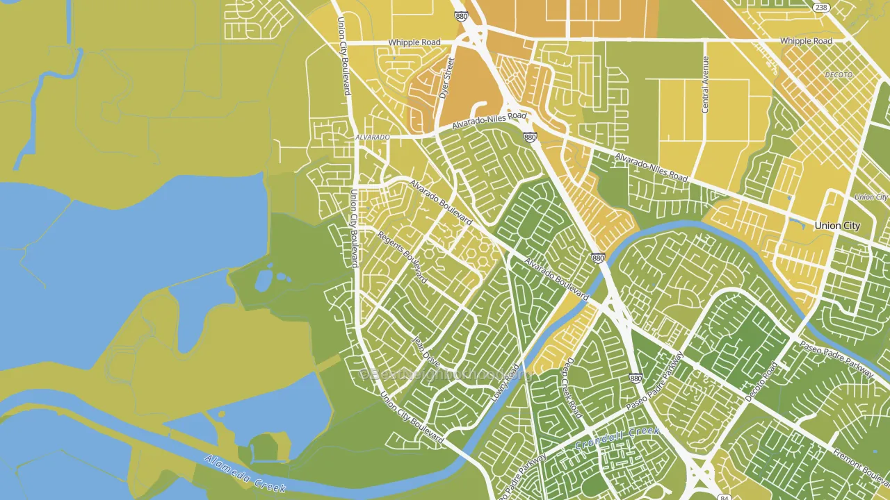 Map of the best neighborhoods in the Contempo, Union City area, with better matches in green and worse matches in red