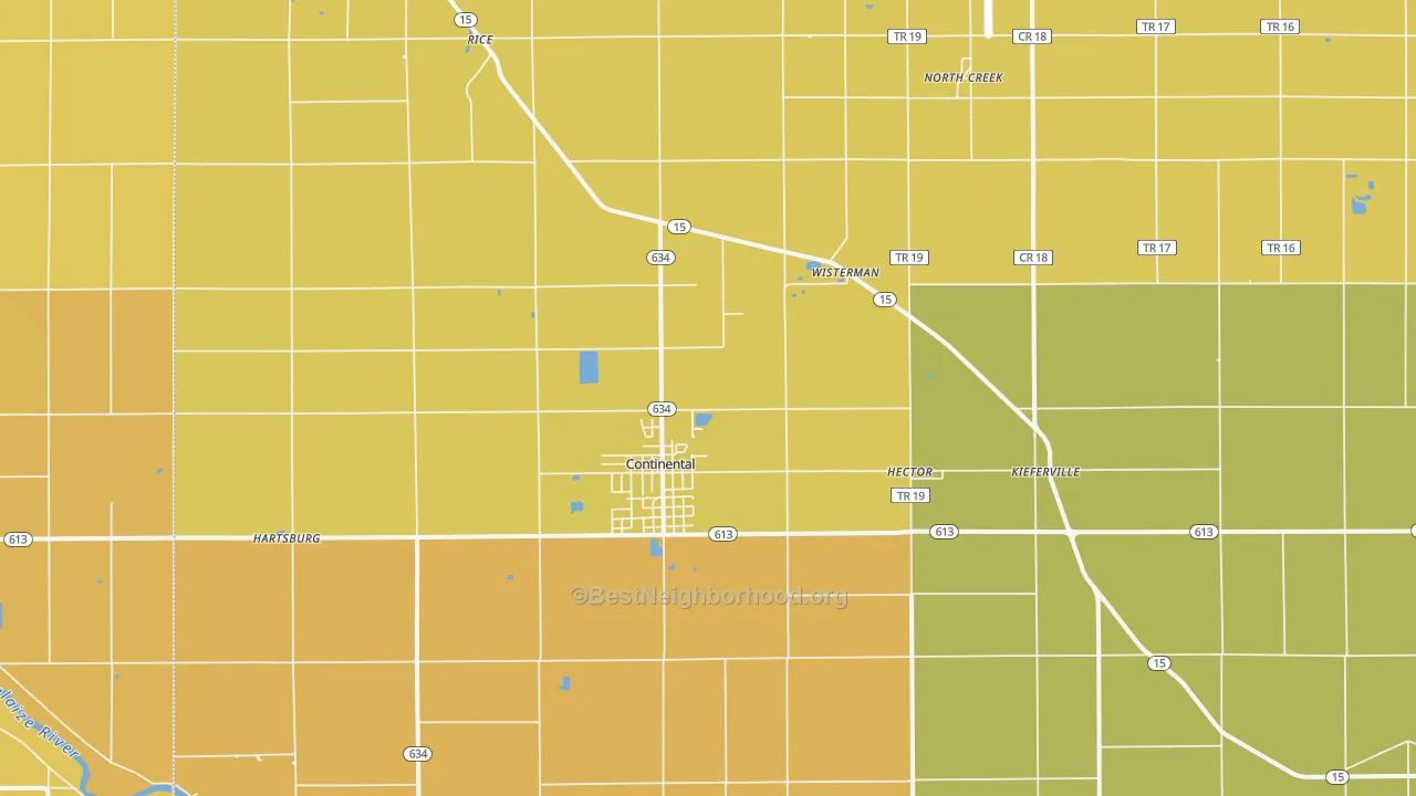 Map of the best neighborhoods in the Continental area, with better matches in green and worse matches in red