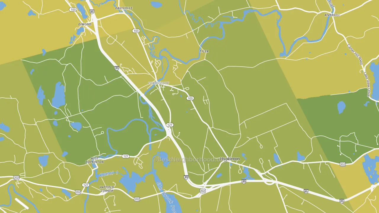 Map of the best neighborhoods in the Contoocook area, with better matches in green and worse matches in red