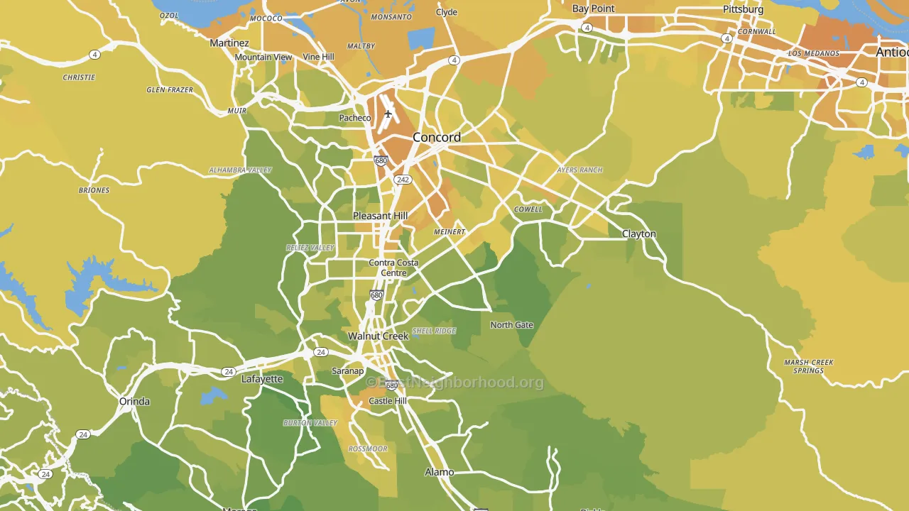Map of the best neighborhoods in the Contra Costa County area, with better matches in green and worse matches in red