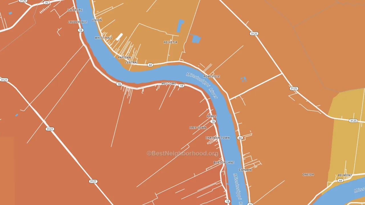 Map of the best neighborhoods in the Convent area, with better matches in green and worse matches in red
