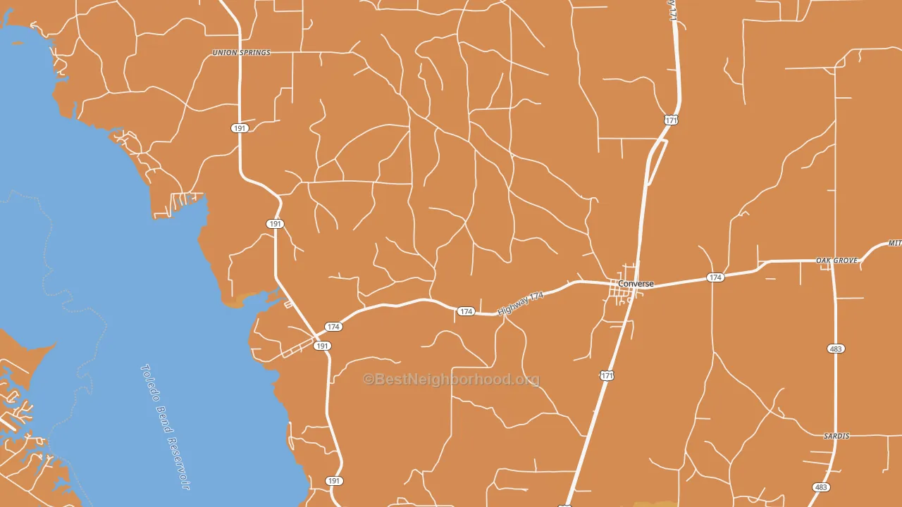 Map of the best neighborhoods in the Converse area, with better matches in green and worse matches in red