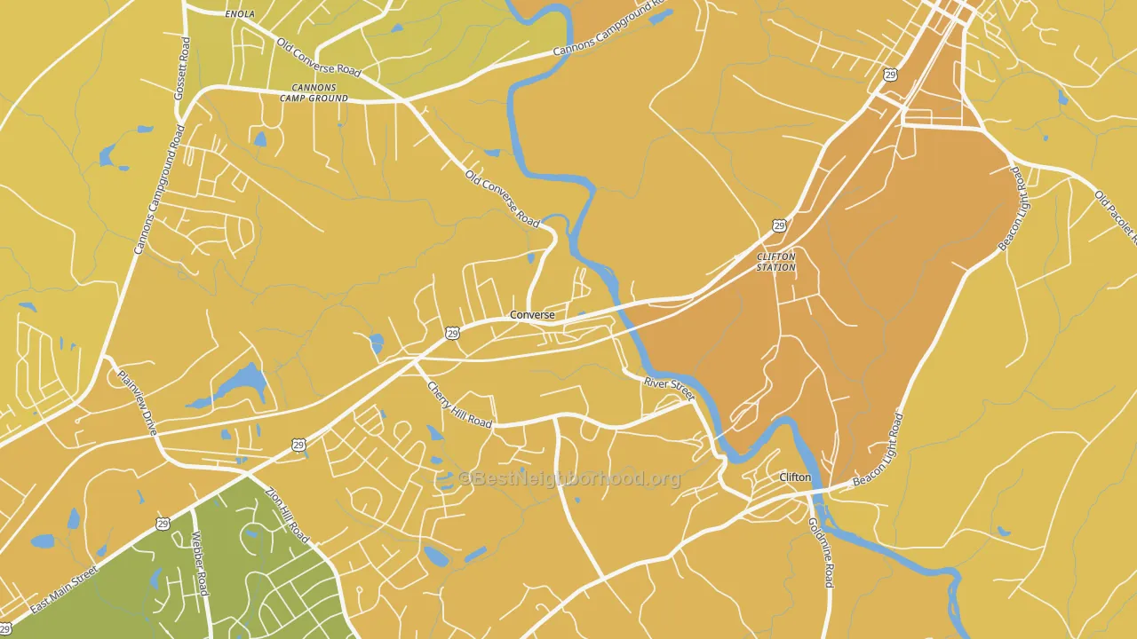 Map of the best neighborhoods in the Converse area, with better matches in green and worse matches in red
