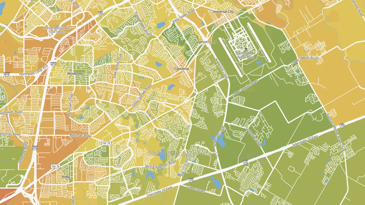 Map of the best neighborhoods in the Converse area, with better matches in green and worse matches in red