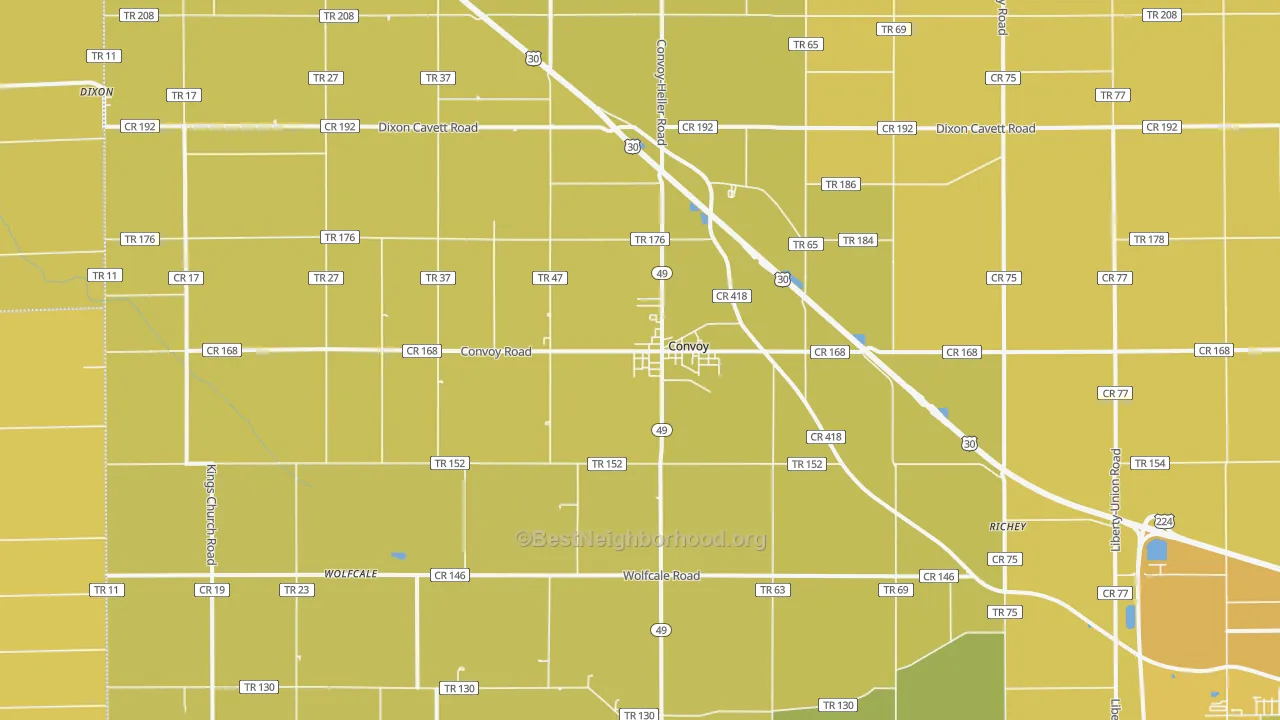 Map of the best neighborhoods in the Convoy area, with better matches in green and worse matches in red