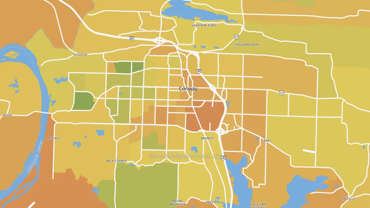 Map of the best neighborhoods in the Conway area, with better matches in green and worse matches in red