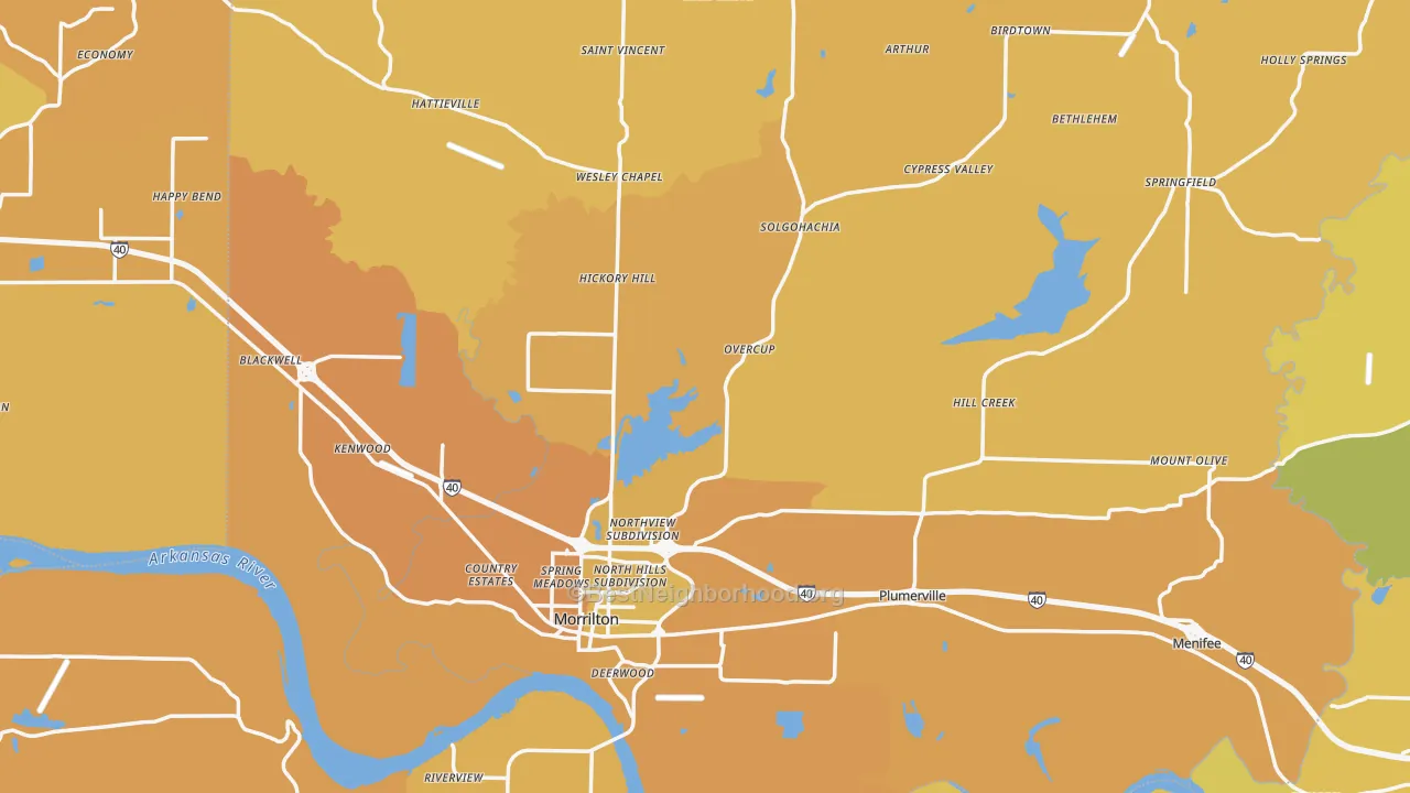 Map of the best neighborhoods in the Conway County area, with better matches in green and worse matches in red