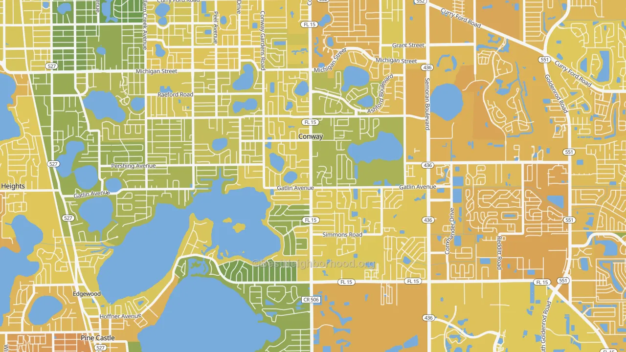 Map of the best neighborhoods in the Conway area, with better matches in green and worse matches in red