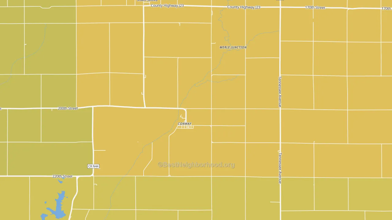 Map of the best neighborhoods in the Conway area, with better matches in green and worse matches in red