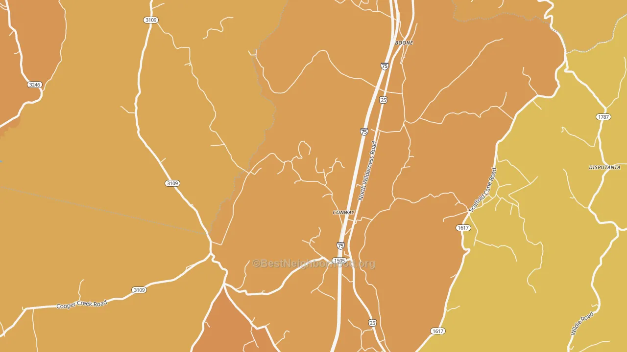 Map of the best neighborhoods in the Conway area, with better matches in green and worse matches in red