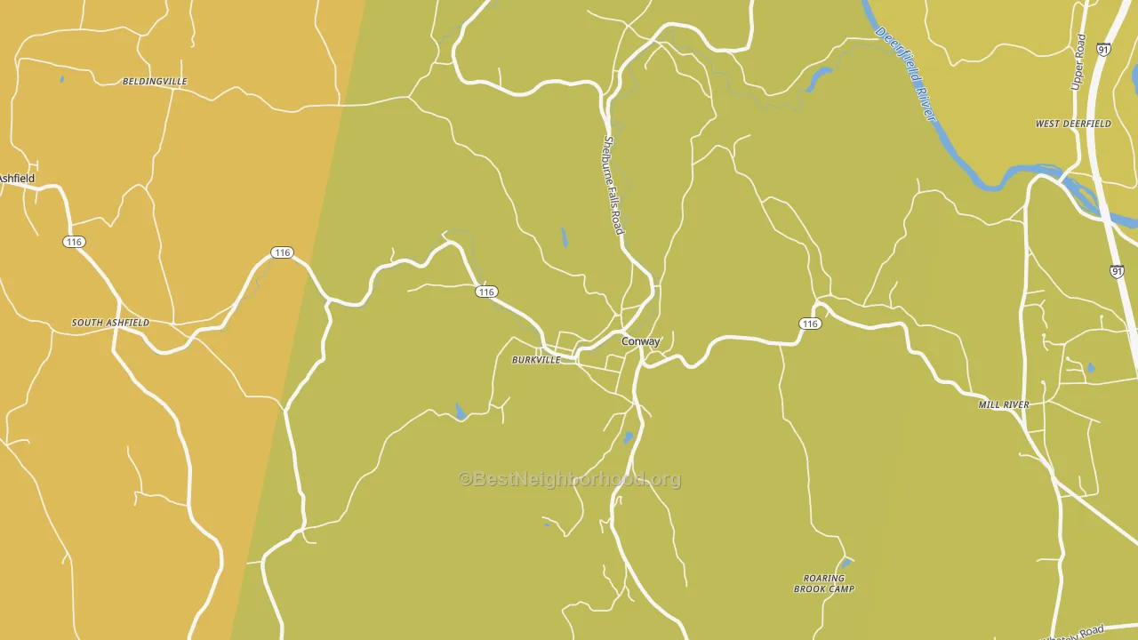 Map of the best neighborhoods in the Conway area, with better matches in green and worse matches in red