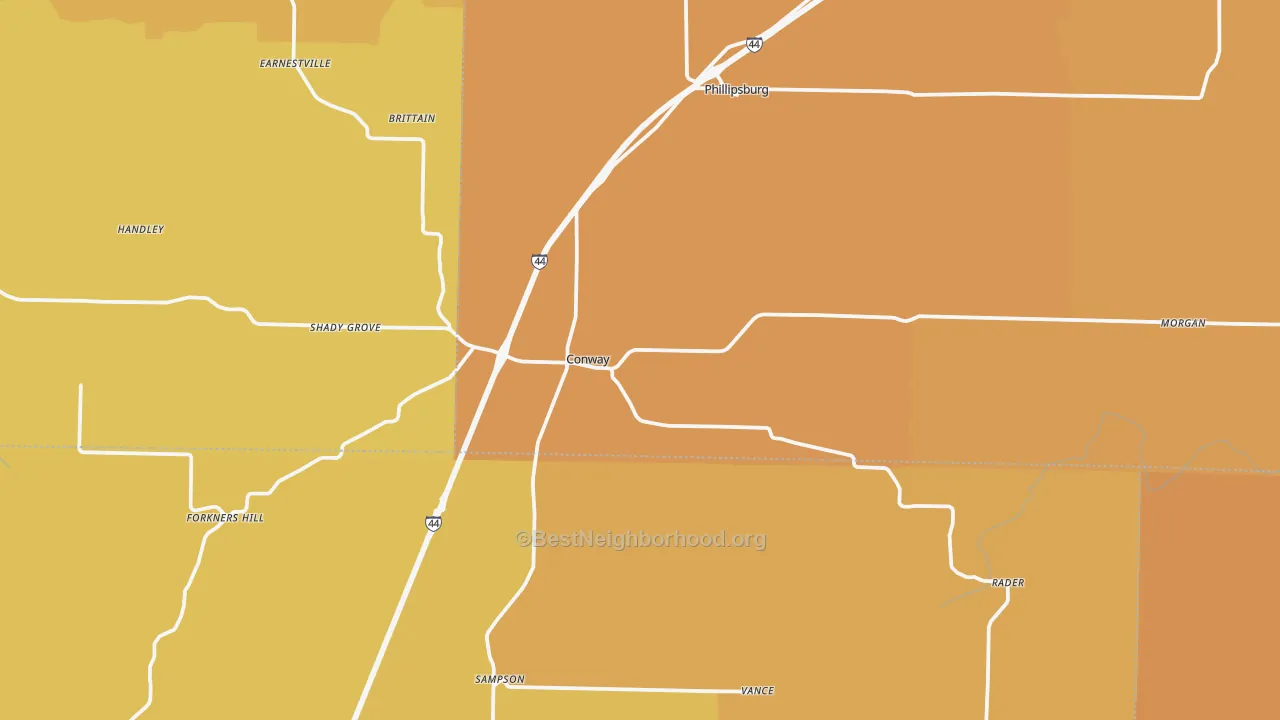 Map of the best neighborhoods in the Conway area, with better matches in green and worse matches in red