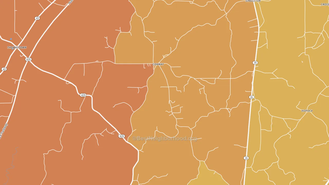 Map of the best neighborhoods in the Conway area, with better matches in green and worse matches in red