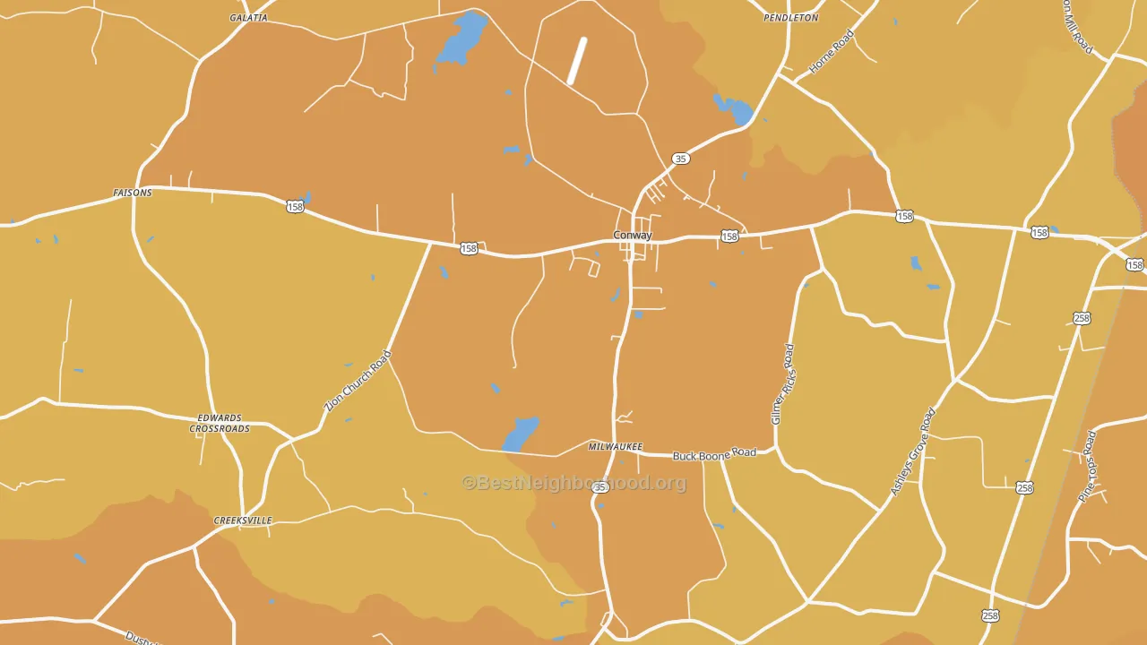 Map of the best neighborhoods in the Conway area, with better matches in green and worse matches in red