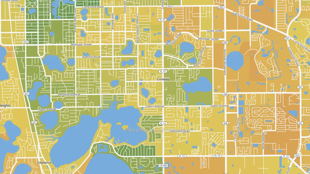 Map of the best neighborhoods in the Conway, Orlando area, with better matches in green and worse matches in red