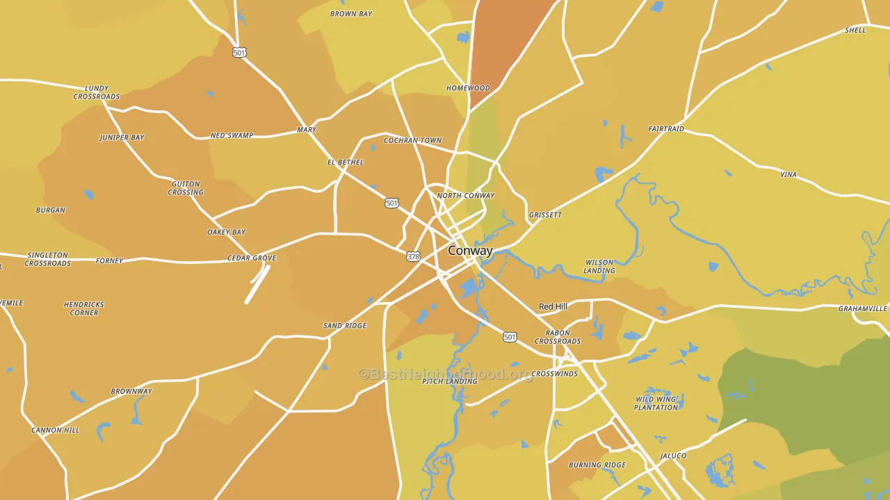 Map of the best neighborhoods in the Conway area, with better matches in green and worse matches in red