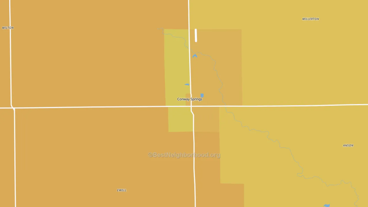 Map of the best neighborhoods in the Conway Springs area, with better matches in green and worse matches in red